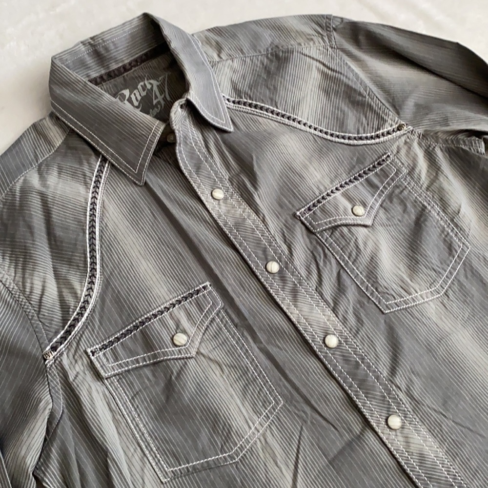 Rock 47 x Wrangler | Cotton Poplin Stripe Long Sleeve Western Pearl Snap Shirt S - Picture 2 of 16